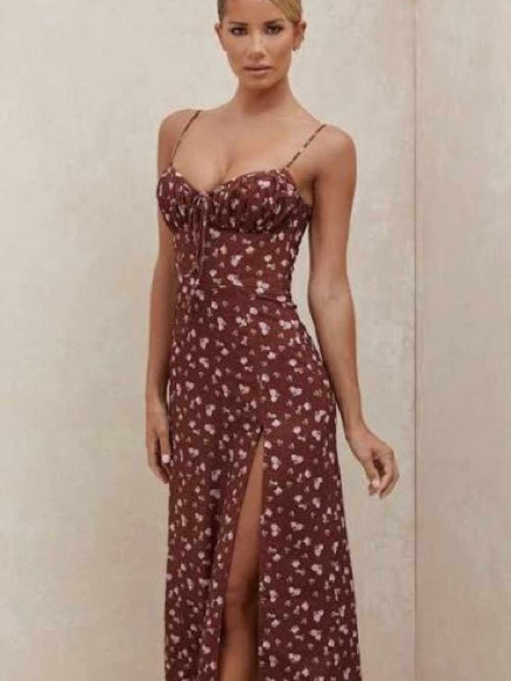 House of CB Brown Floral Bustier Maxi Dress with Pink Accents